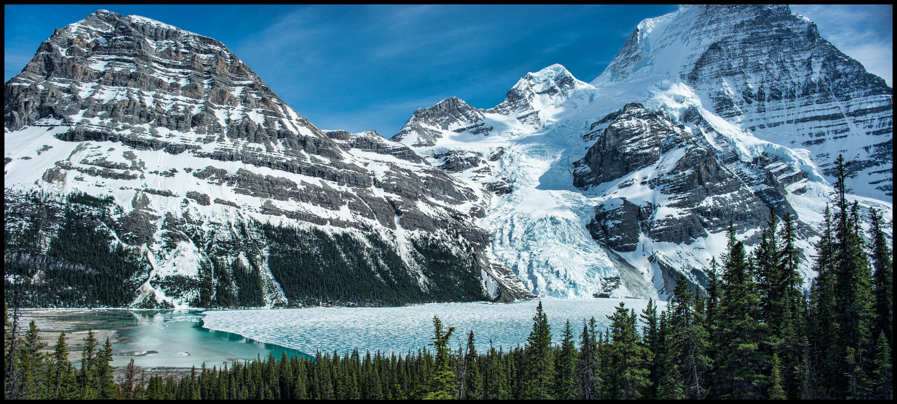 Stunning panorama view from Toboggan Falls at semi frozen Berg Lake Sony A7 / Canon FD Tilt Shift 35 2.8