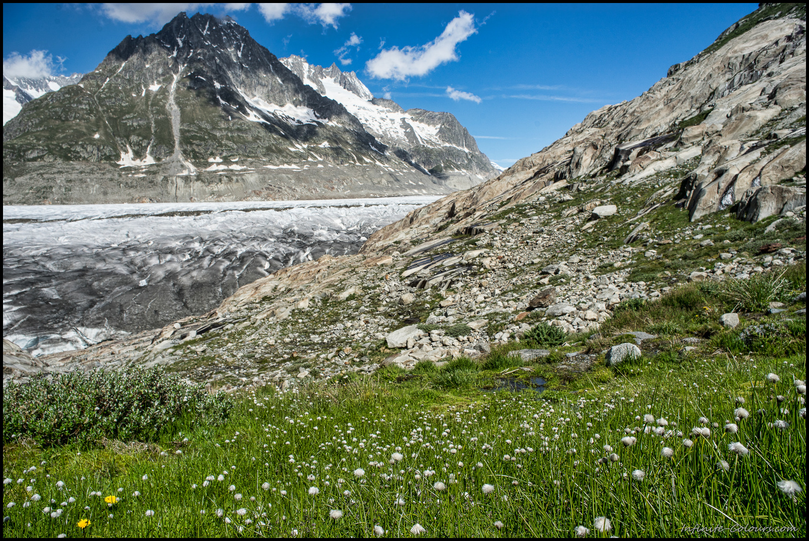 Patches of cotton grass surround the beautiful Märjelensee