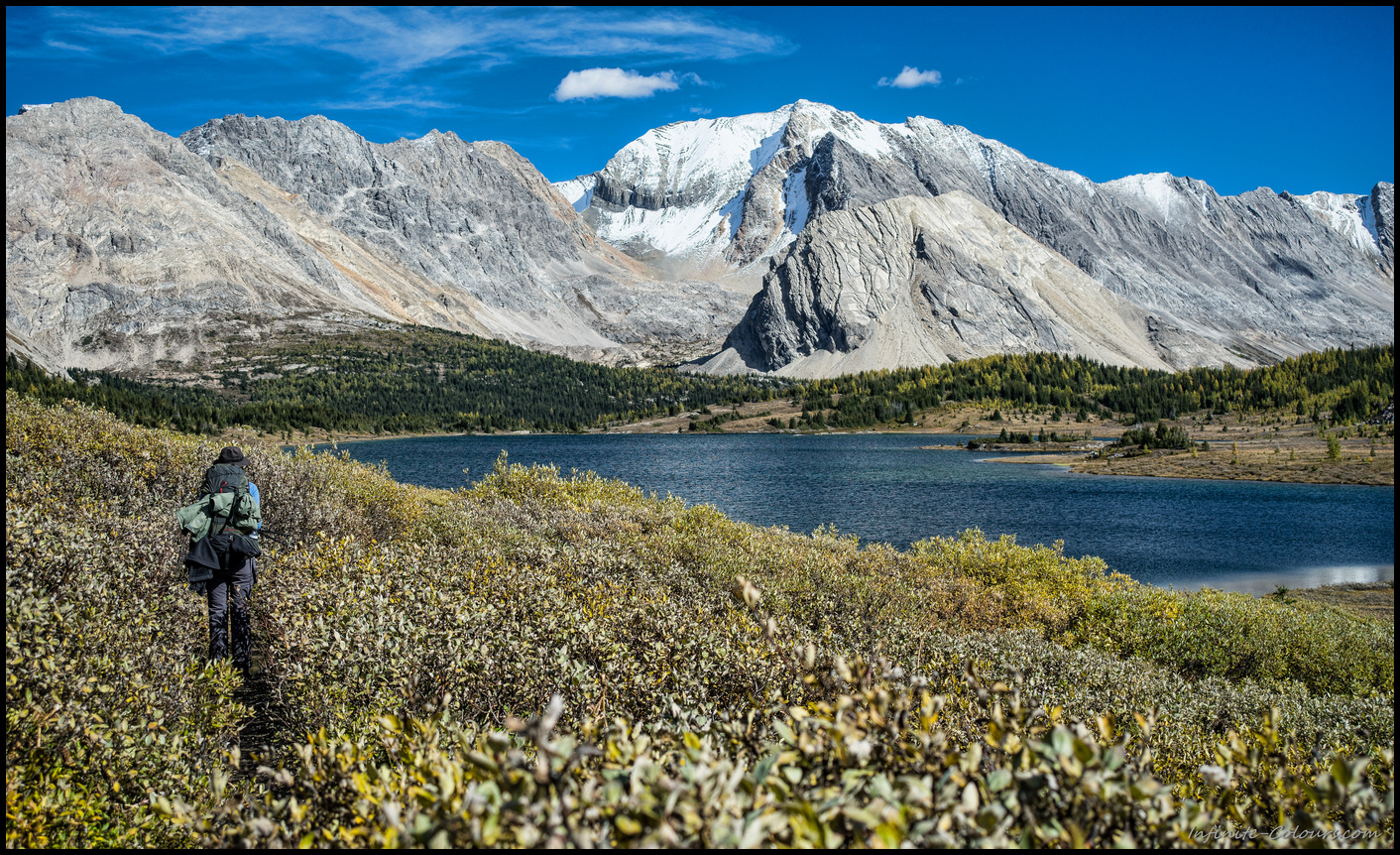 Hiking the bushtrail along Baker lake in the Skoki lakes section of Banff nationalpark