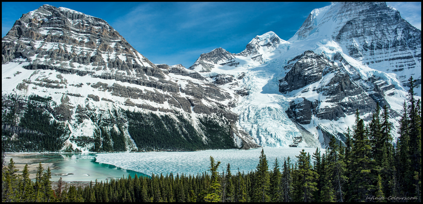 Stunning panorama view from Toboggan Falls at Mount Rearguard, Berg glacier and Mt. Robson