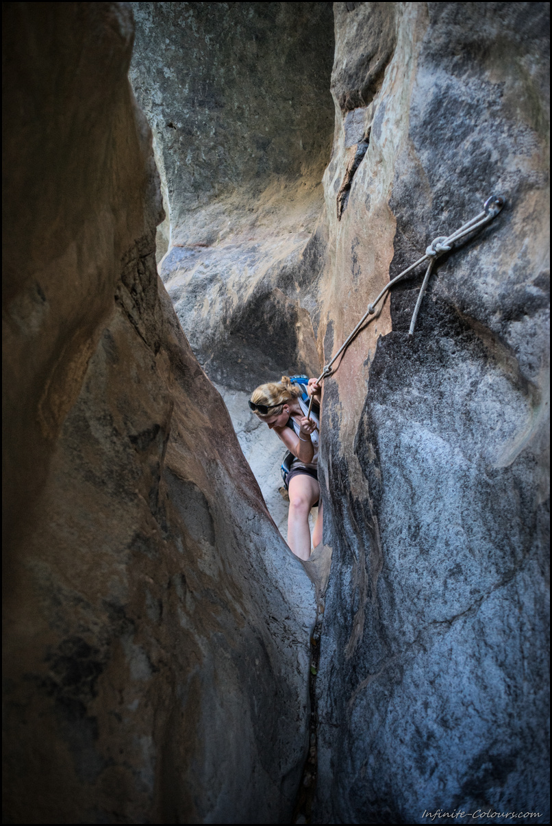 Ropes help to manage the tricky Pas de s’Estaló Torrent de Pareis