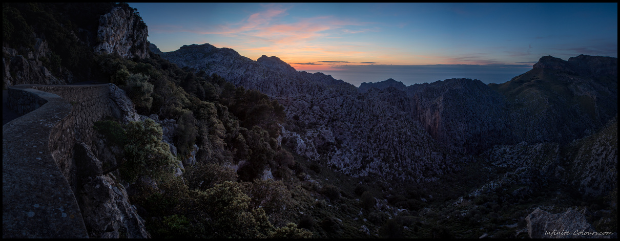 Sunset panorama at Cova des Mirador de s'Entreforc viewpoint, Escorca, Mallorca