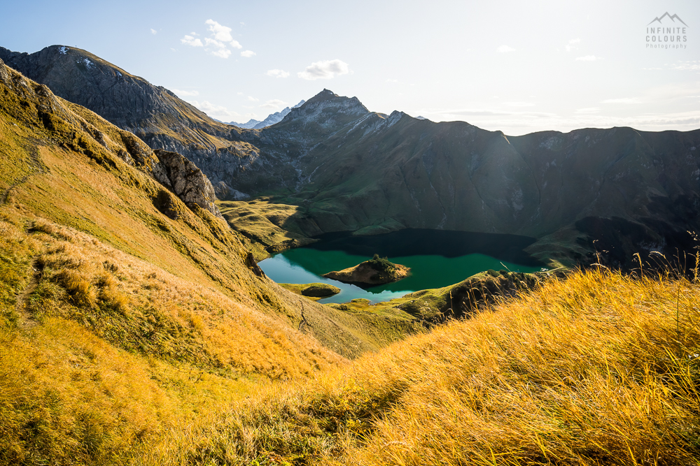 Schrecksee Sonnenuntergang Oktober goldener Herbst Allgäu Oberstdorf Hinterstein Landschaftsfotografie Hochvogel Knappenkopf Rauhorn Wanderung