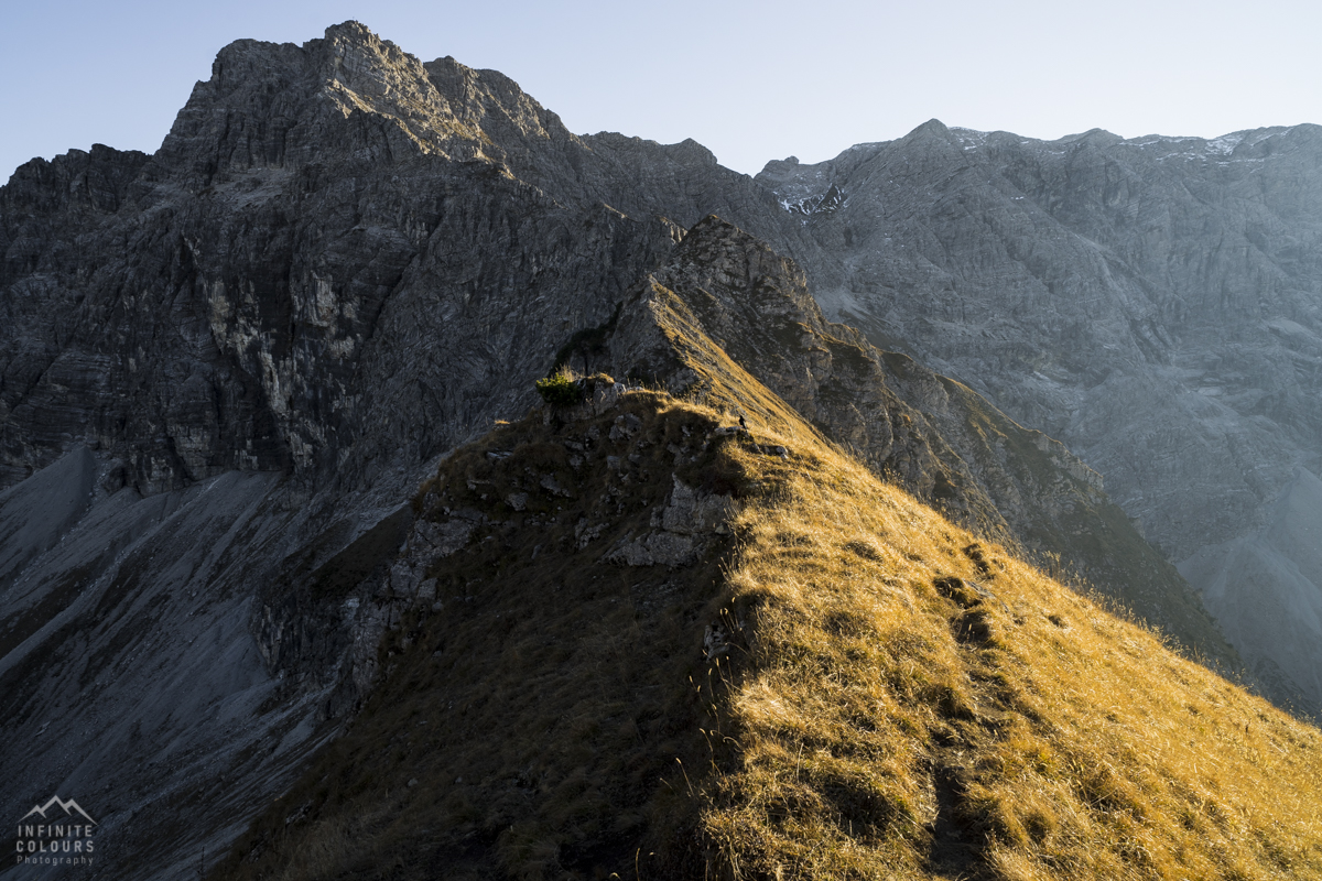 Kleiner Daumen Daumengrat Hasenecksattel Auf der Schneid im Herbstlicht Alpen Oktober November Landschaftsfotografie Allgäu Hindelanger Klettersteig Mountainbike Bad Hindelang Retterschwanger Tal Goldener Herbst Allgäu