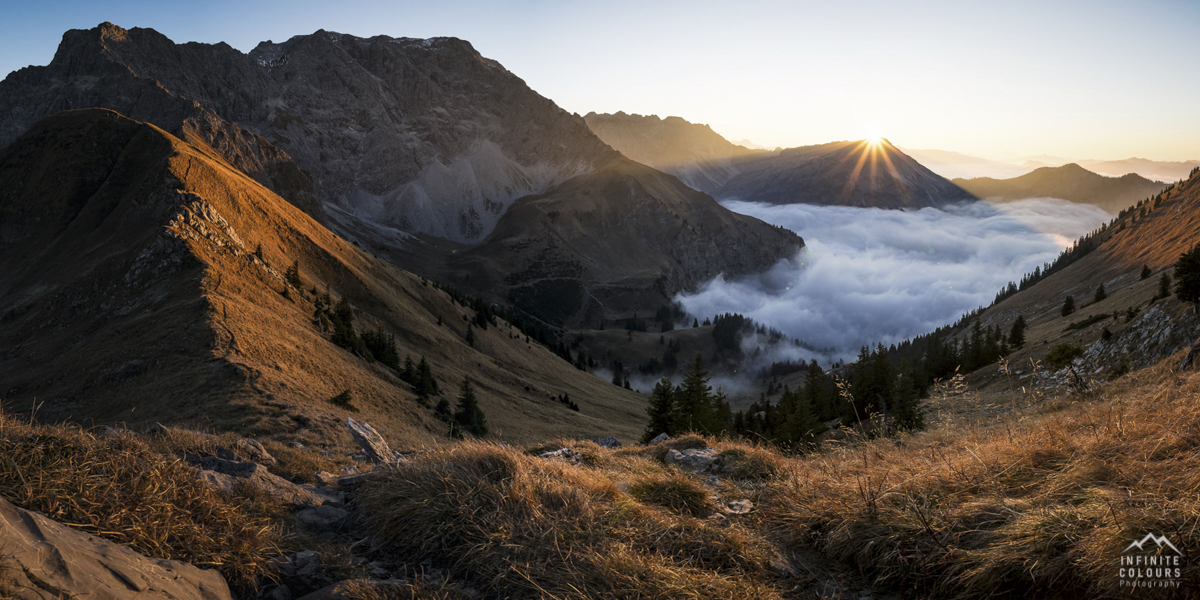 Retterschwanger Tal Panorama Alpen Großer Daumen Kleiner Daumen Nebeltal Nebel Sonnenuntergang Fotografie Landschaftsfotografie Allgäu November