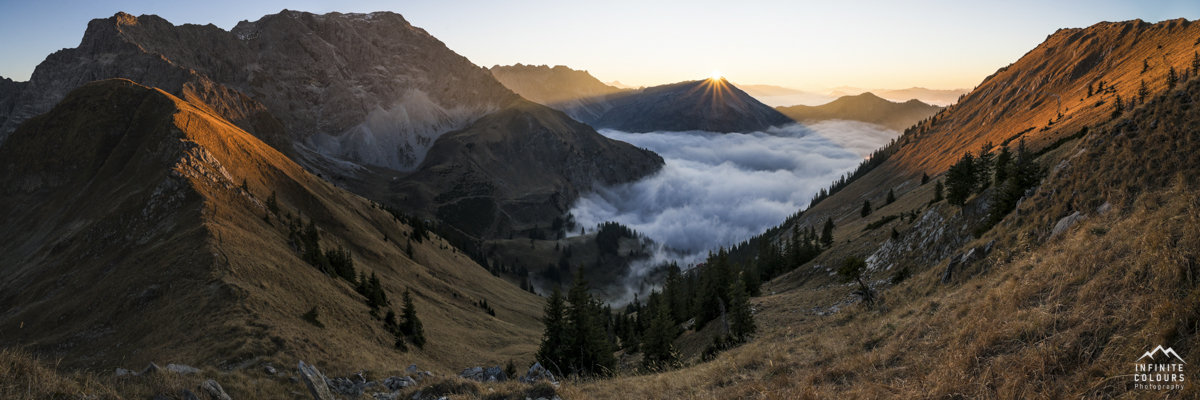 Allgäu traumhaft schön Gipfelpanorama Retterschwanger Tal Hindelanger Klettersteig Sonnenuntergang Auf der Schneid Hohe Gänge Rotspitze Heubatspitze Breitspitze Hinterstein Bad Hindelang Retterschwanger Tal Goldener Herbst Allgäu