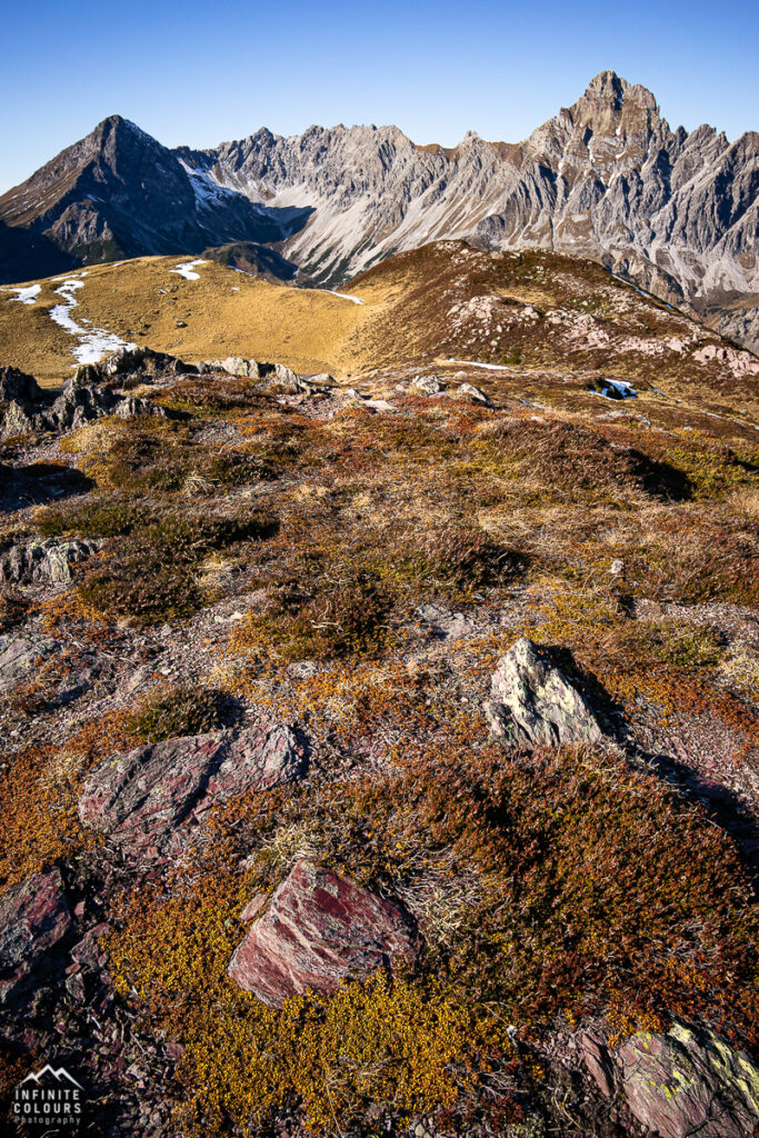 Traumhafter Blick auf die Zimba Steintälikopf Großer Valkastiel St. Anton im Montafon Landschaft Mondlandschaft in den Alpen Hochplateau Vegetation Flechten Hochmoor Montafon Golmer Seen Herbst Zimba Brandner Mittagspitze Saulakopf Beste Wanderung Platzieser Ried Wanderung Förkilisee Golmer Joch Bike & Hike Kreuzjoch Golmer Seenweg Landschaftsfotografie Rätikon Bergwanderung Goldener Herbst im Montafon Vorarlberg Berge Flechten Purple Mountains Bunte Steine