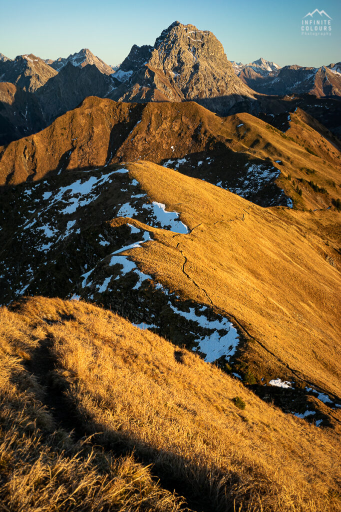 Aussicht von der Üntschenspitze auf den Grat über die Güntlespitze zur Hintere Üntschenspitze Goldenes Herbstgras Goldener Herbst in den Bergen Einsamkeit Gratwanderung Bregenzerwald Landschaftsfotografie Vorarlberg Bregenzerwald Herbst Wanderung Üntschenspitze Güntlespitze Widderstein Goldener Herbst Österreich Allgäu Gratwanderung Hochtannbergpass Sonnenuntergang Wanderung Schoppernau Schröcken Sony A7