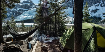 Robson Berg Lake camping hammock British Columbia, Canada