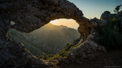 Sunset at natural arch, Torrent de Parais, Tramuntana (I)Escorca, Mallorca, Spain